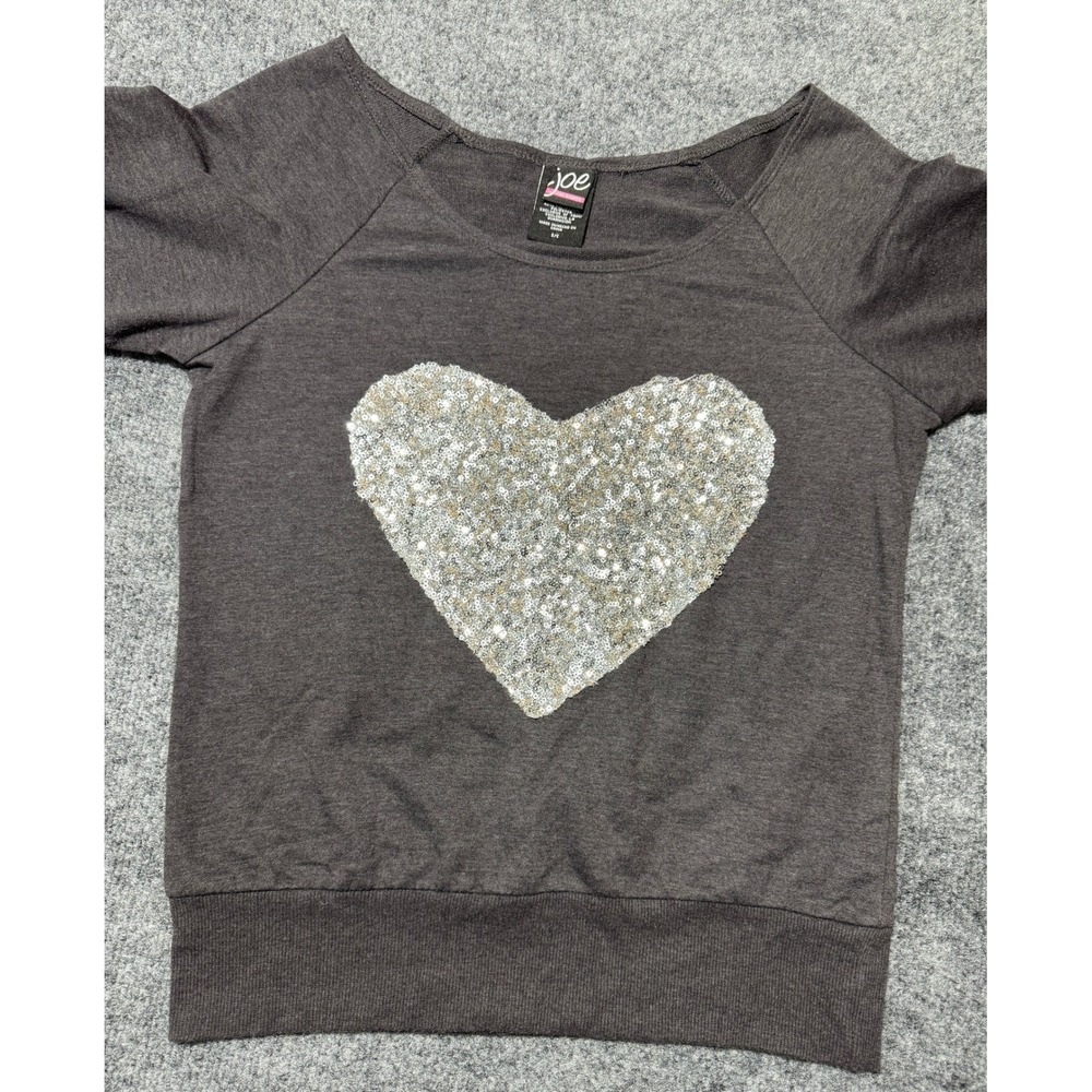Joe Boxer Sequin Heart Sparkle Long Sleeve Top Womens S Charcoal Grey Sweatshirt - Picture 2 of 7